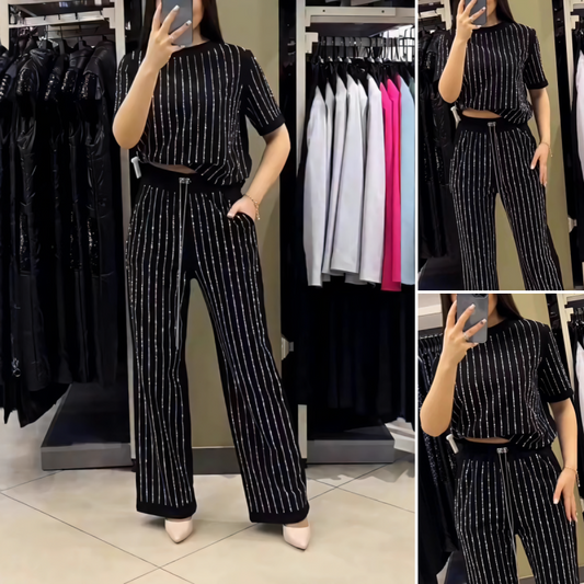 🌸2025 Hot Sale💞Women's Sparkling Rhinestone Striped Knit Two-Piece Set