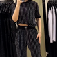 🌸2025 Hot Sale💞Women's Sparkling Rhinestone Striped Knit Two-Piece Set
