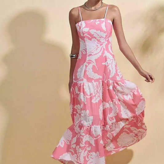 Spaghetti Strap Maxi Pink Flowy Dress
