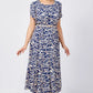 Women’s Trendy Blue Print Short Sleeve Flowy Dress with Belt