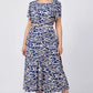 Women’s Trendy Blue Print Short Sleeve Flowy Dress with Belt
