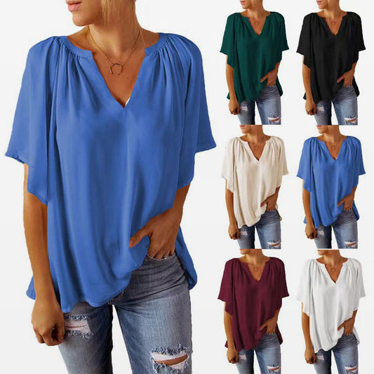 🔥2025 Summer Hot Sale🩷Women's Solid Color Summer Top with Batwing Sleeves and V-Neck