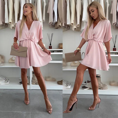 🔥2025 Summer Sale💥V-Neck Solid Asymmetrical Hem Dress