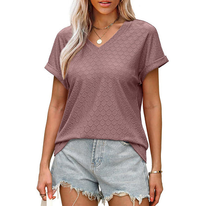 🔥2025 Summer New-❤️Women's V-Neck Hollow Solid Color Comfortable Breathable T-Shirt