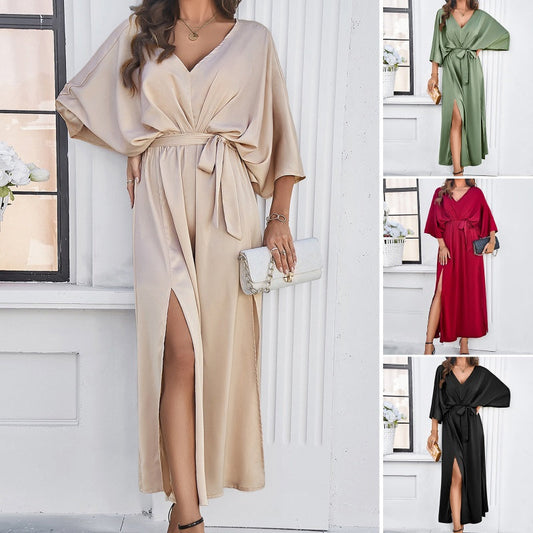 ❤️Early Bird Autumn-❤️Women's Elegant Split Solid Color V-Neck Dresses