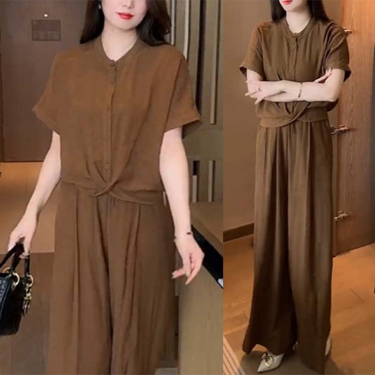 Solid Color Button Down Wide Leg Pants 2-Piece Set