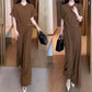Solid Color Button Down Wide Leg Pants 2-Piece Set