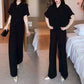 Solid Color Button Down Wide Leg Pants 2-Piece Set