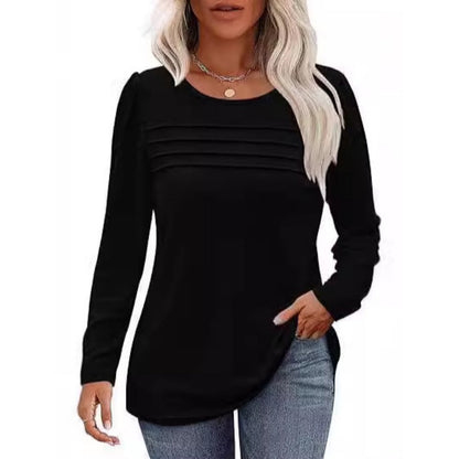 Women's Round Neck Long Sleeve Pleated Top