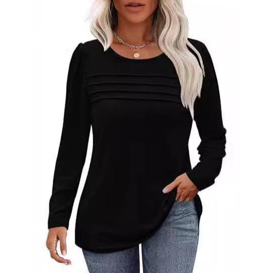 Women's Round Neck Long Sleeve Pleated Top