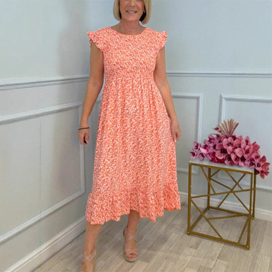 🎉🛍️Hot Promotion 50% OFF💃Women's Elegant Floral Print High-Waisted Ruffle Cap Sleeve Dress