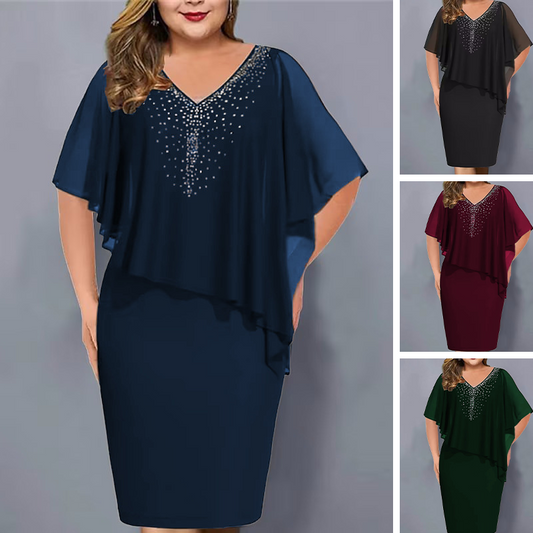 👗 Rhinestone V-Neck Cape Dress with Chiffon Overlay👑