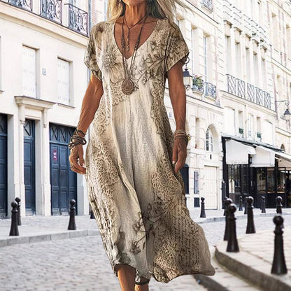 Women's Printed V-Neck Short-Sleeve Long Dress