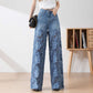 💖Women's High-Waisted Blue Denim Wide-Leg Pants (Hollow-out Lace Panels)