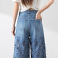 💖Women's High-Waisted Blue Denim Wide-Leg Pants (Hollow-out Lace Panels)