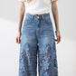 💖Women's High-Waisted Blue Denim Wide-Leg Pants (Hollow-out Lace Panels)