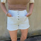 Women's White High-Waist Denim Short Pants with Multiple Button Rows