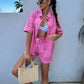 Women's Fashion Denim Lapel Top and Shorts Set