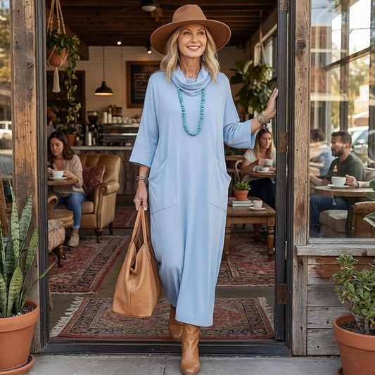 Women's Cowl Neck Long Sleeve Pocket Maxi Dress