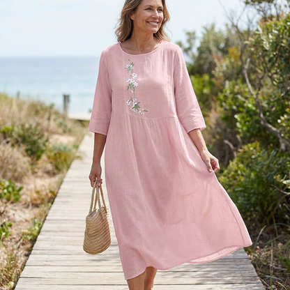 Women's Casual Loose Midi Dress with Embroidery