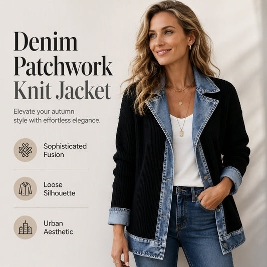 SCONTO DEL 50%! ⭐ Elegante cappotto da donna in denim con inserto in maglia a coste