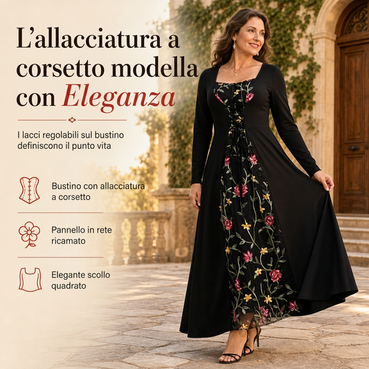 ⏰ Ultimo Giorno di Saldi – SCONTO 50% ✨Abito lungo nero a maniche lunghe, scollo quadrato, corsetto con allacciatura e pannello in rete con ricami floreali