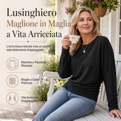 Maglione maglia da donna casual e ampia, con girocollo, maniche lunghe, spalle scese, maniche a pipistrello e arricci laterali