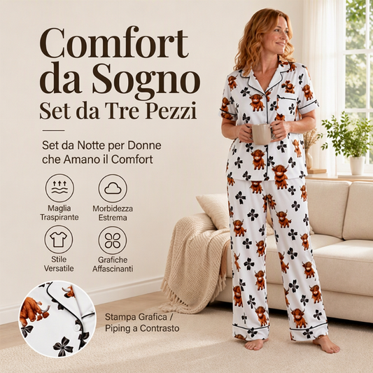 ⏰ Ultimo Giorno di Saldi – SCONTO 50% ✨Set Pigiamini da Donna a 3 Pezzi con Stampa Mucca delle Highland
