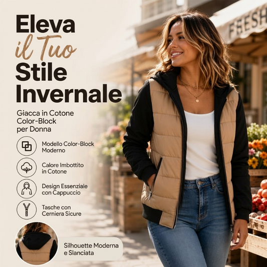 ⏰  Sconto del 50% di cambio stagione – qualità a metà prezzo! ✨Giacca Imbottita con Cappuccio e Blocco Colori da Donna