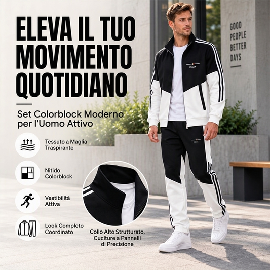 ✨Disponibilità limitata, non lasciartelo sfuggire!🎉Set Giacca Uomo con Zip e Pantaloni con Coulisse a Blocchi di Colore