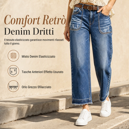 Jeans in denim donna con gamba dritta elasticizzati stile vintage, tasche applicate effetto used e orlo grezzo sfilato
