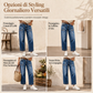 Jeans in denim donna con gamba dritta elasticizzati stile vintage, tasche applicate effetto used e orlo grezzo sfilato