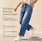 Jeans in denim donna con gamba dritta elasticizzati stile vintage, tasche applicate effetto used e orlo grezzo sfilato