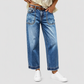 Jeans in denim donna con gamba dritta elasticizzati stile vintage, tasche applicate effetto used e orlo grezzo sfilato