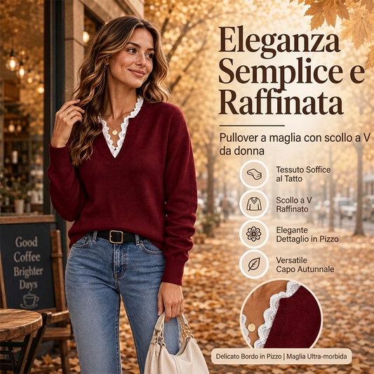 Maglione da donna a scollo arrotondato con bordi in pizzo