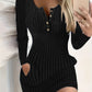 Donne Autunno Inverno Tinta Unita Maniche Lunghe Aderente Bodycon Abito con Bottoni