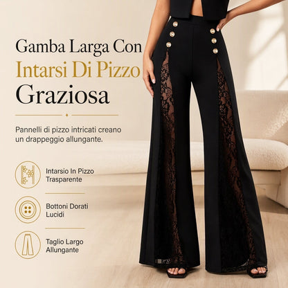 Pantaloni a gamba larga da donna, a vita alta, con inserimenti in pizzo e bottoni decorativi dorati