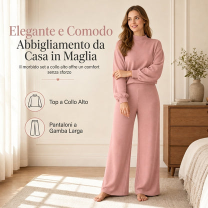 Completo casalingo in maglia da donna, composto da maglione a collo fuso con maniche lunghe e pantaloni a zampa ad alta vita
