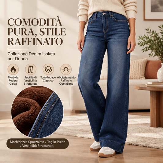 Jeans termici a gamba larga a vita alta da donna