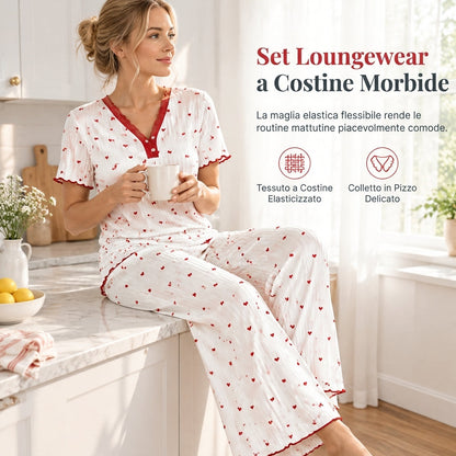 🔥SCONTO DEL 50%! 👚Set pigigama stampato da donna: top a maniche corte e pantaloni lunghi, comoda e elastica per il tempo libero