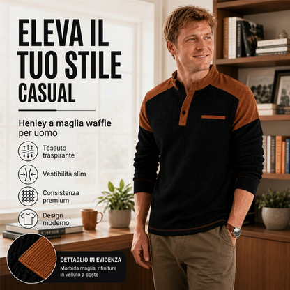 Maglione da uomo a colletto con arricciatura, lavorato a maglia waffle