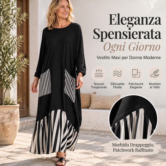 ⏰ Ultimo Giorno di Saldi – SCONTO 50% ✨Abito lungo maxi a maniche lunghe patchwork a righe da donna