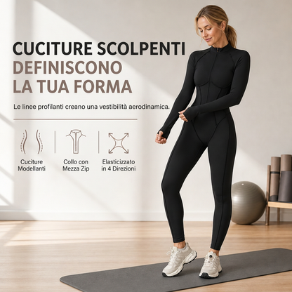 ⏰ Ultimo Giorno di Saldi – SCONTO 50% ✨Tuta jumpsuit donna a coste con collo ad anello e mezza zip, body per yoga e fitness ad alta aderenza