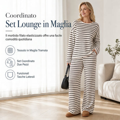 Set da donna Loungewear con top a maniche lunghe girocollo a righe, casual e ampio, e pantaloni con coulisse