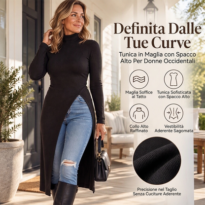 ⏰  Sconto del 50% di cambio stagione – qualità a metà prezzo! ✨Tunica a maglia da donna a collo alto con spacco laterale