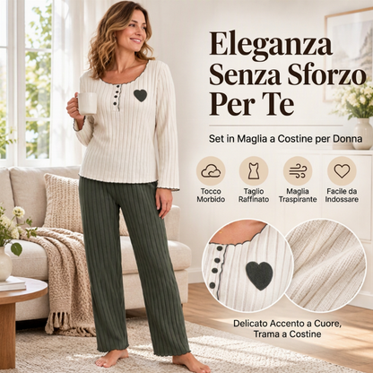 ✨Nuovi arrivi!✨Set pigama a coste da donna con ricamo di cuore