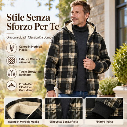 Giacca a quadri invernale da uomo con cappuccio e calda
