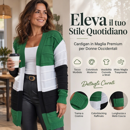 Cardigan maglia da donna, aperto sul davanti, con colore block