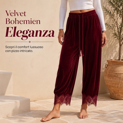 Pantaloni Donna in Velluto a Gamba Larga con Bordi in Pizzo