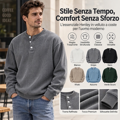 Maglia casual da uomo in velluto a coste a maniche lunghe con chiusura Henley